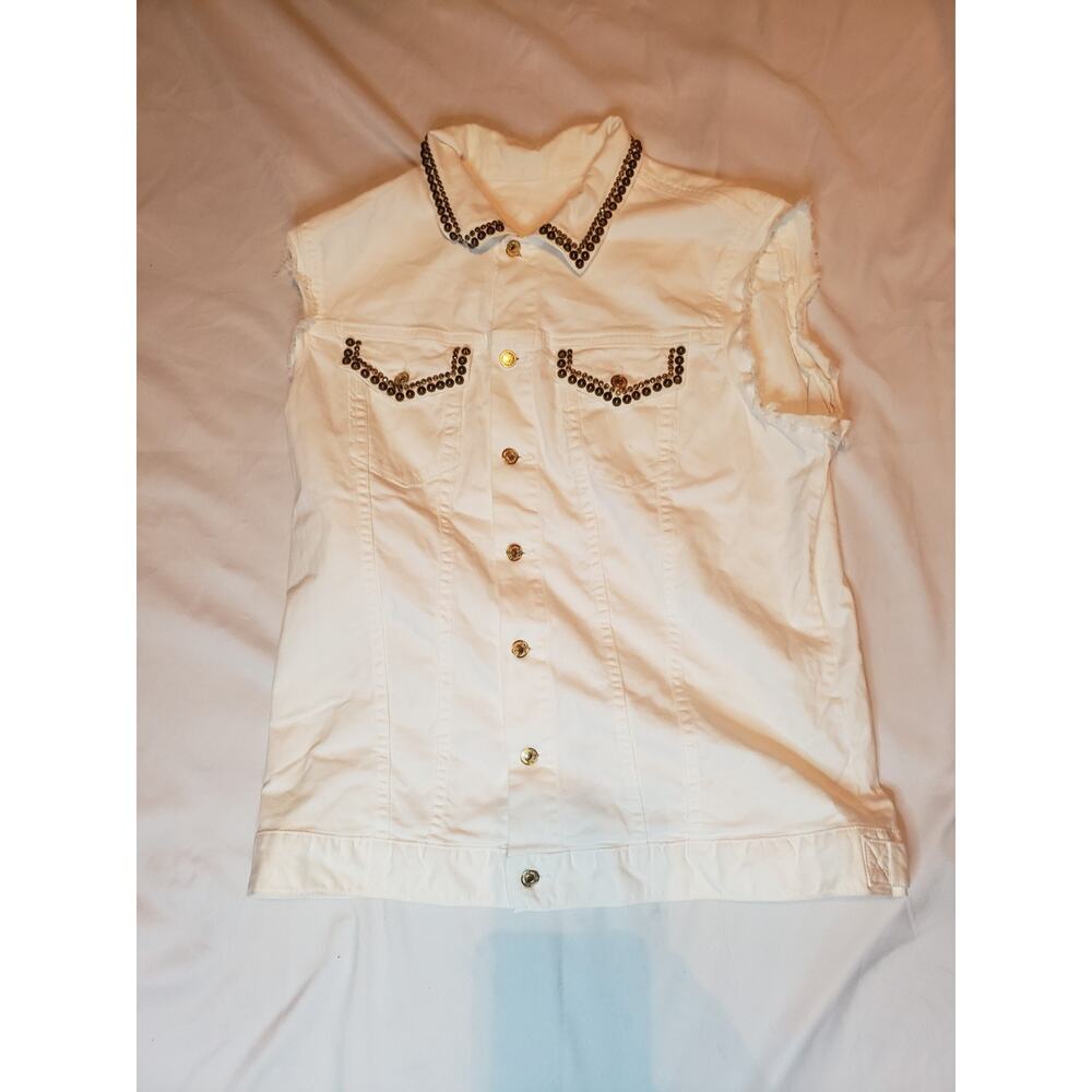 Robins Jean Vest Mens 2XL XXL White Denim Studded Rhinestone Biker Vest